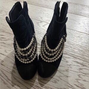 CHANEL Black Ankle Boots with Pearl Accents, dark Navy color